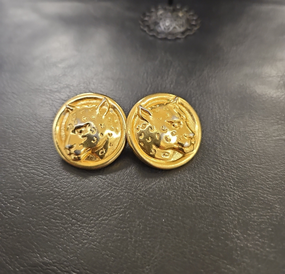 Gold Tone Jaguar Medallion Button Earrings
